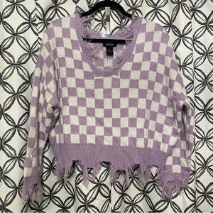 Purple V-Neck Cropped Sweater with Checkered Pattern